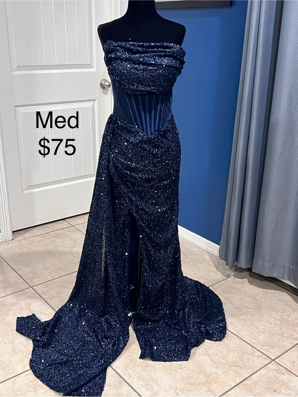 Midnight Navy Strapless Sequin Evening Dress